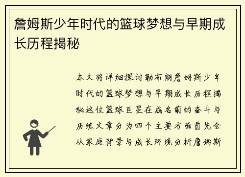 詹姆斯少年时代的篮球梦想与早期成长历程揭秘